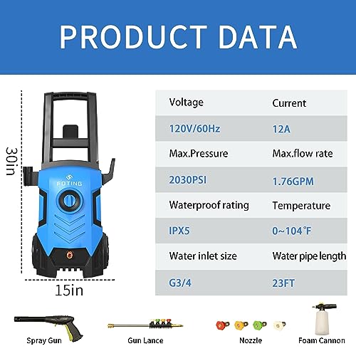 1800W Electric Pressure Washer with Foam Cannon & Nozzles