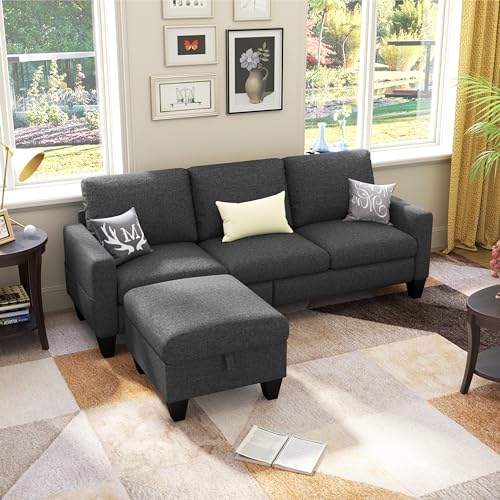 Dark Grey 3-Seat L-Shaped Sectional Sofa with Storage