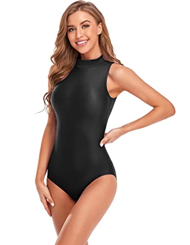 speerise Women Black Mock Neck Leotard Bodysuit