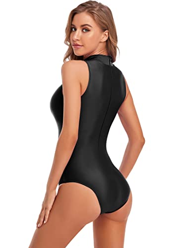 speerise Women Black Mock Neck Leotard Bodysuit