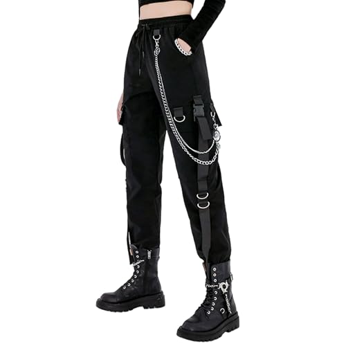 Black Cargo Pants with Chain for Women - XL