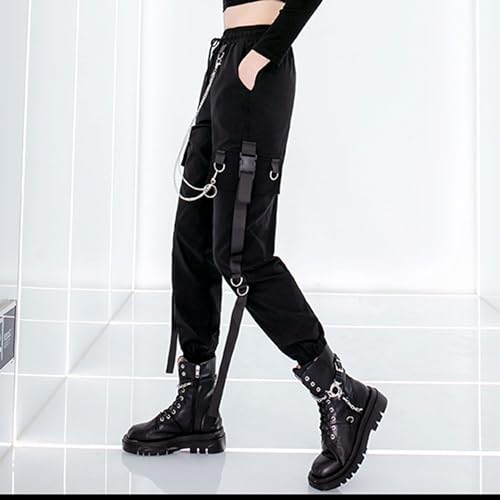 Black Cargo Pants with Chain for Women - XL