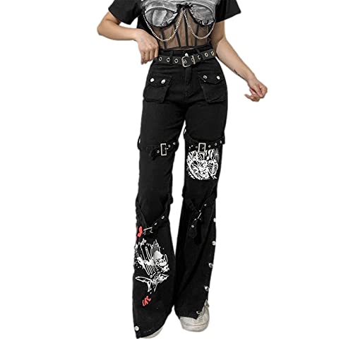 Gothic Cargo Jeans High Waisted Wide Leg Pants