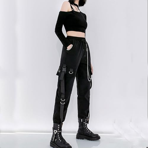 Black Cargo Pants with Chain for Women - XL