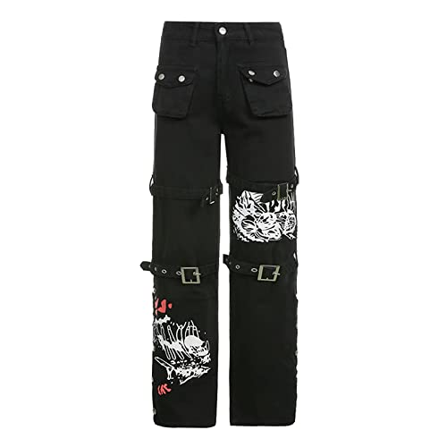 Gothic Cargo Jeans High Waisted Wide Leg Pants