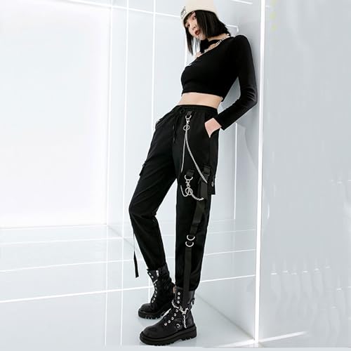 Black Cargo Pants with Chain for Women - XL