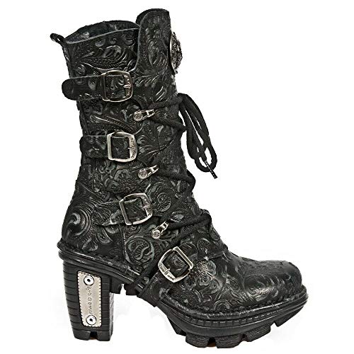 Vintage Floral Black Gothic Rock Punk Leather Calf Boots