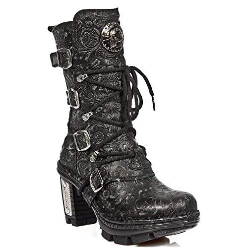 Vintage Floral Black Gothic Rock Punk Leather Calf Boots