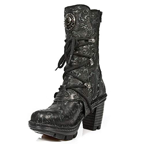 Vintage Floral Black Gothic Rock Punk Leather Calf Boots