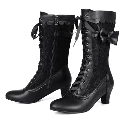 Vintage Victorian Lace-Up Granny Boots for Women - Black