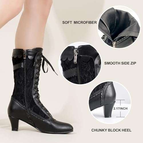 Vintage Victorian Lace-Up Granny Boots for Women - Black