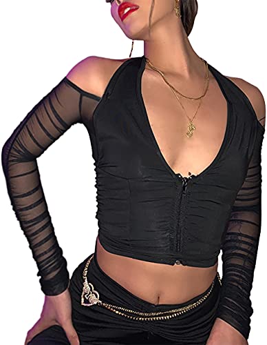 Black Mesh Patchwork Halter Crop Top - Y2K Style