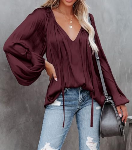 LAMISSCHE Deep V-Neck Chiffon Blouse with Lantern Sleeves
