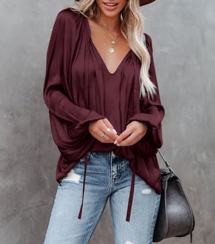 LAMISSCHE Deep V-Neck Chiffon Blouse with Lantern Sleeves