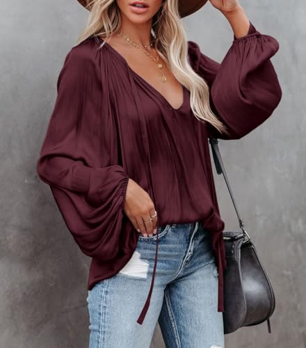 LAMISSCHE Deep V-Neck Chiffon Blouse with Lantern Sleeves