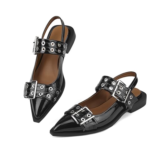Arqa Patent Leather Silver Eyelet Buckle Flats