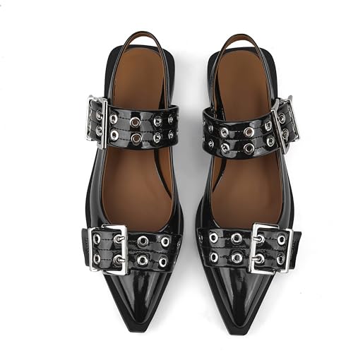 Arqa Patent Leather Silver Eyelet Buckle Flats