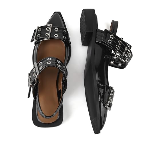 Arqa Patent Leather Silver Eyelet Buckle Flats