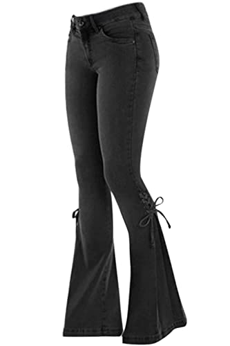 TKMUNY Black Lace-up Flare Denim Pants for Women