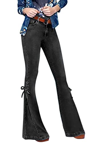 TKMUNY Black Lace-up Flare Denim Pants for Women