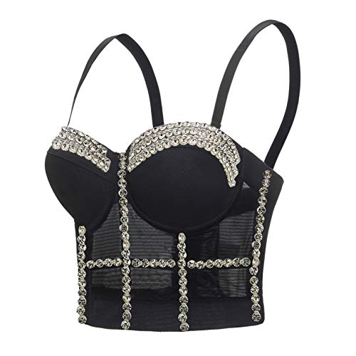 Black Rhinestone Diamond Bustier Crop Top Bra (S)