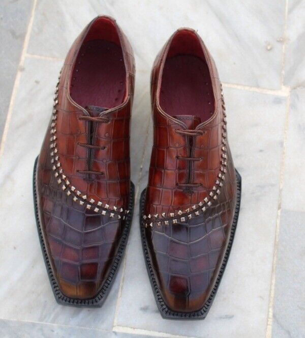 Crocodile Pattern Handmade Leather Oxford Shoes