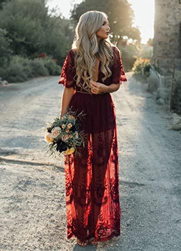 Enchanting Lace V-Neck Romper in Wine Red