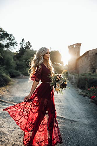 Enchanting Lace V-Neck Romper in Wine Red