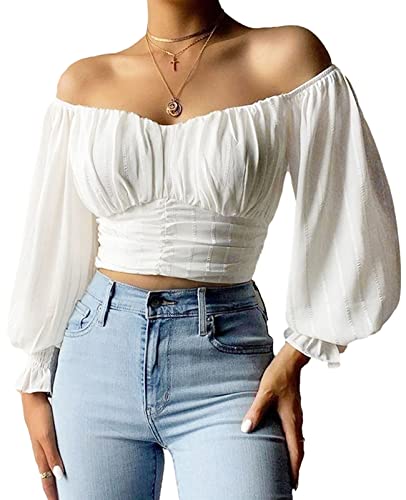 Off-Shoulder Lantern Sleeve Crop Top - Chiffon Blouse