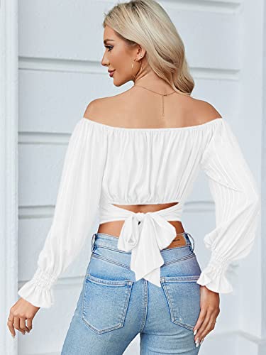 Off-Shoulder Lantern Sleeve Crop Top - Chiffon Blouse