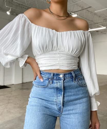 Off-Shoulder Lantern Sleeve Crop Top - Chiffon Blouse