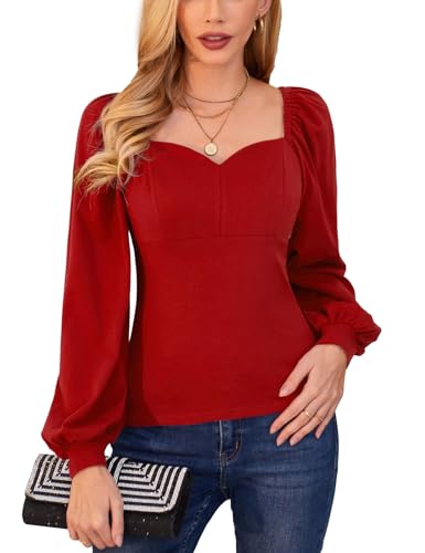 Vintage Square Collar Red Bishop Sleeve Blouse