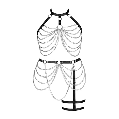 Black Chain Cage Body Harness Garter Set for Women