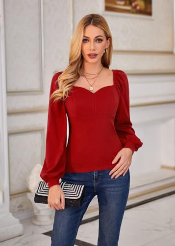 Vintage Square Collar Red Bishop Sleeve Blouse