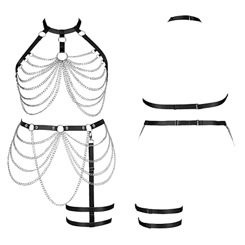 Black Chain Cage Body Harness Garter Set for Women