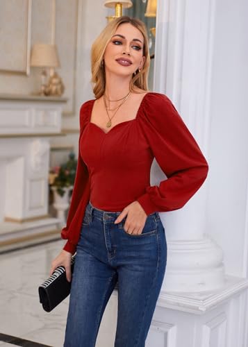 Vintage Square Collar Red Bishop Sleeve Blouse