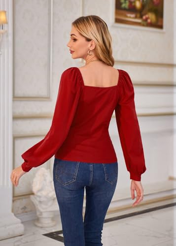 Vintage Square Collar Red Bishop Sleeve Blouse