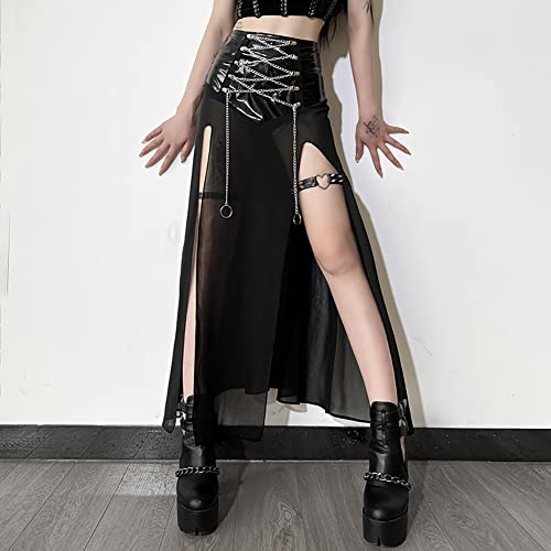 Gothic High Slit Maxi Skirt with Chain Belt