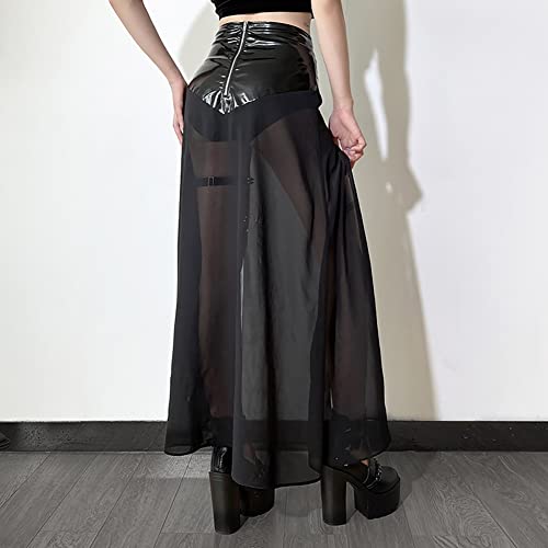 Gothic High Slit Maxi Skirt with Chain Belt