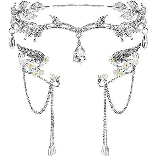 Silver Rhinestone Leaf Headband with Elf Ears - 3PCS