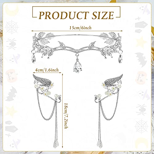 Silver Rhinestone Leaf Headband with Elf Ears - 3PCS