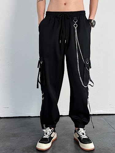 Men's Chain Cargo Pants with Flap Pocket, Drawstring