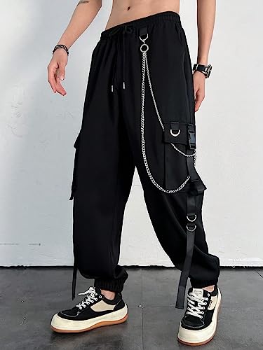 Men's Chain Cargo Pants with Flap Pocket, Drawstring