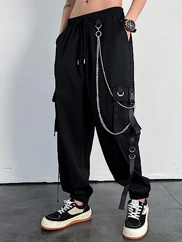 Men's Chain Cargo Pants with Flap Pocket, Drawstring