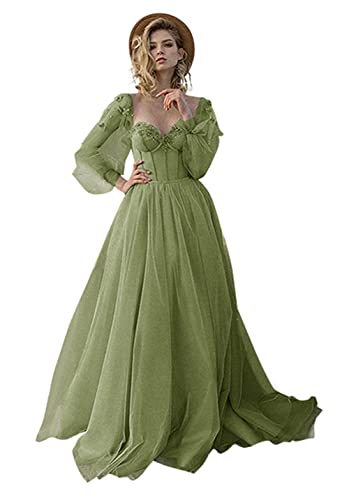 Dusty Sage Green Puffy Sleeve Ball Gown Women's Fantasy Prom Dress