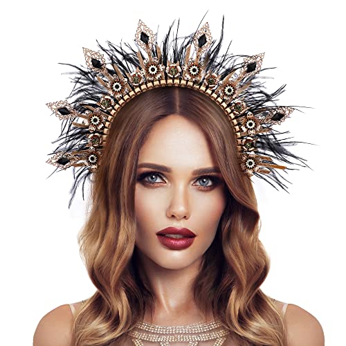 Gold Spiked Halo Crown Headband Feather Goddess Tiara
