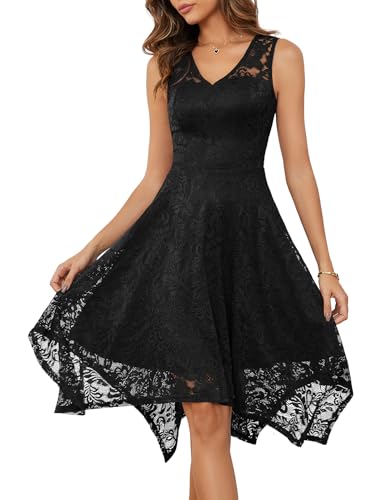 Meetjen V-Neck Floral Lace Midi Dress Black