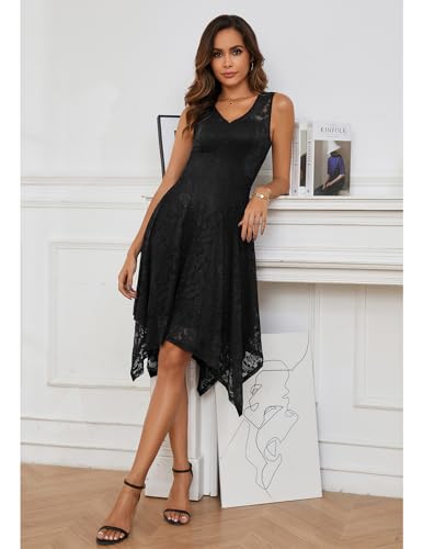 Meetjen V-Neck Floral Lace Midi Dress Black