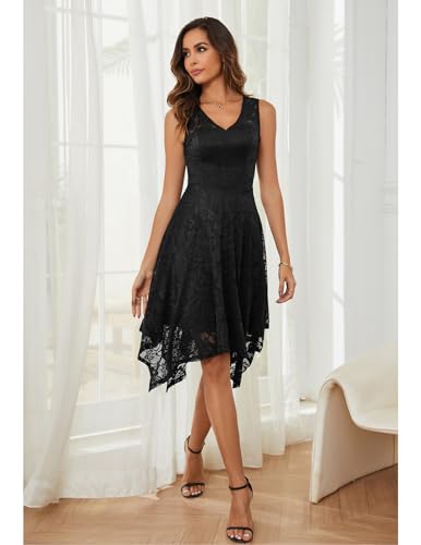 Meetjen V-Neck Floral Lace Midi Dress Black
