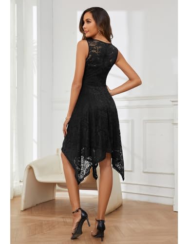 Meetjen V-Neck Floral Lace Midi Dress Black